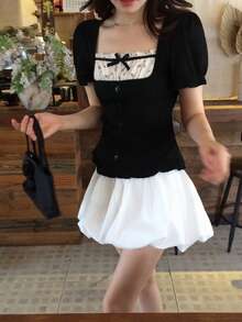DAZY Women's Colorblock Casual Bow Short Sleeve T-Shirt - Black - View 7