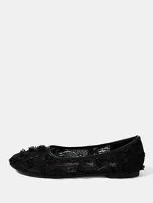 CUCCOO HITCHD Three-Dimensional Rose Lace Round Toe Flats, Gentle Style Mesh Yarn Low Vamp Shoes, Commuting Dating Bridesmaids Breathable Women's Shoes - Black - View 2
