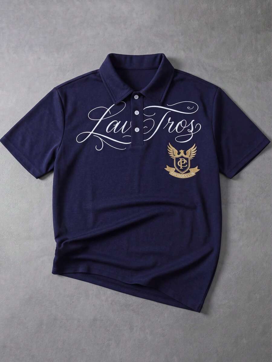 PAVTROS 男士夏季海軍藍復古印花寬鬆版型美式學院風休閒日常通勤短袖 Polo 衫 - 藏蓝色 - 查看 1