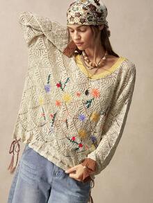 Bohemela Women's Floral Pattern Asymmetrical Shoulder Casual Versatile Daily Wear Long Sleeve Sweater - Apricot - View 5