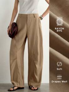 Aalyst Women's Autumn French Chic Elegant Minimalist Casual Bohemian Vacation Office Work Solid Color Twill Curved Leg Pants With Pockets Khaki - Brown - View 2