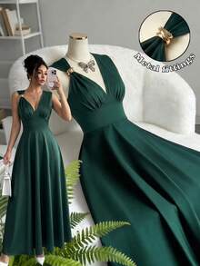 Balvessa Women's Sleeveless High Waist Long Dress Day Party Dark Green Summer Elegant - Dark Green - View 4