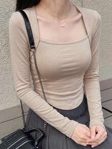 DAZY 女款休閒百搭純色長袖T恤外出上衣 - 杏色 - 查看 3