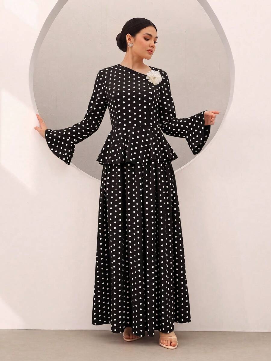 Graceveil Polka Dot Print Ruffle Hem Bell Sleeve Cinched Waist Top And Flared Skirt Set Dinner Date Black And White Polka Dot Autumn Modest Elegant - Black - View 1