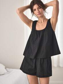 Ocili 100%純棉波希米亞風舒適簡約女款居家服套裝 - 黑色 - 查看 4