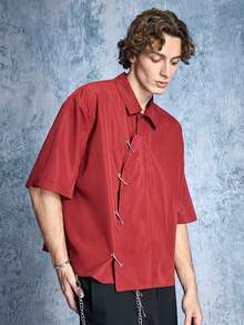 ROMWE MEN Street Life Men's Corn Metal Button Chinese Style Structure Shirt - Red - View 9