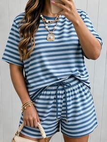 INAWLY Women's Blue Striped Two Pieces Set, Casual Loose Short-Sleeve T-Shirt And Drawstring Shorts - Blue - View 3