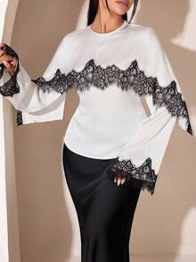 Veilorie Plus Size Women Lace Patchwork Casual Versatile Daily Wear Blouse Fall - White - View 4