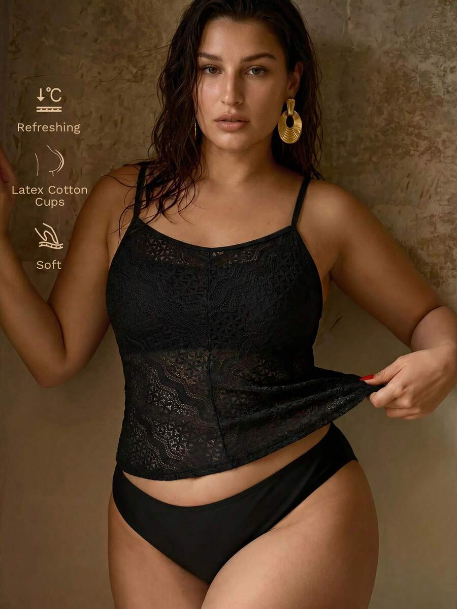 MOTF PREMIUM PLUS SIZE WOMEN'S LACE PATCHWORK SEMI-SHEER TANKINIS TOP, VACATION SWIMWEAR - Black - View 2