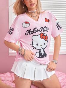 HELLO KITTY AND FRIENDS | SHEIN 女款字母卡通印花V領短袖休閒T恤 - 淺粉色 - 查看 8