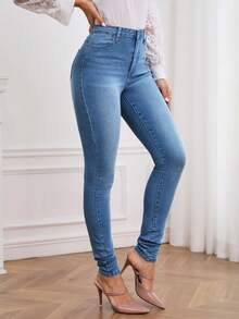 SHEIN Tall High Waist Ripped Skinny Jeans, Tall Women - Blue - View 4