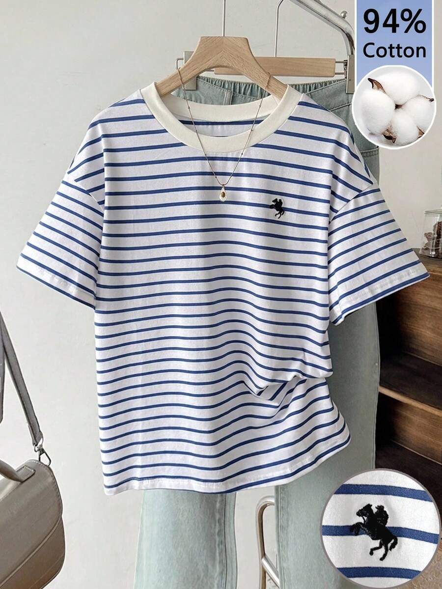 Tseoso Women's Striped Knight Print Casual Daily Summer Short Sleeve T-Shirt - Multicolor - View 1
