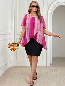 Miaspire Plus Size Women's Fuchsia Pink Round Neck Short Sleeve Fashion 2 In 1 Vacation Dress Dates Formal Brunch Black Summer Elegant Casual Normal - Multicolor - View 6