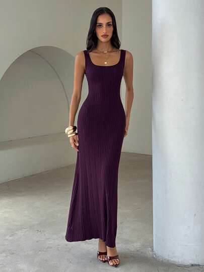 Aloruh Women's Autumn/Winter New Ancola Burgundy Ribbed Spaghetti Strap Fitted Knit Dress, Commuter Inner Layer Sweater Dress, Bodycon A-Line Elegant Versatile Casual Square Neck Sweater Dress