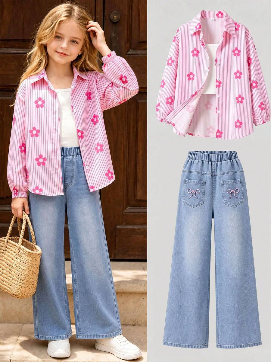 SHEIN Elladie kids 2件組女童條紋長袖上衣與寬鬆淺藍色牛仔褲,甜美休閒套裝,適合春秋日常穿著 - 粉色 - 查看 1