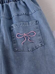 SHEIN Elladie kids 2件組女童條紋長袖上衣與寬鬆淺藍色牛仔褲，甜美休閒套裝，適合春秋日常穿著 - 粉色 - 查看 4