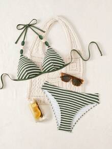 Swim Lushoire Swim Vcay-D 女款純色細肩帶串珠裝飾綁背三角比基尼兩件式泳衣 - 綠色 - 查看 3