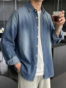 DAZY Kemeja Denim Kasual Lengan Panjang Kancing Tunggal untuk Pria Musim Gugur - Biru - View 4