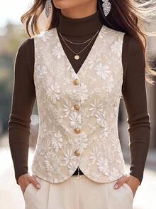 Medorina Chaleco de jacquard beige elegante para mujer, estilo francés, para oficina, día, fiesta, té de la tarde y noche, verano, Día del Maestro - Albaricoque - Ver 3