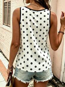 EMERY ROSE Plus Size Women's Floral Pattern Casual Color Block Round Neck Button Up Top, Comfortable Round Neck Camisole Tank Top, Simple Versatile Suitable For Daily Casual Wear - Multicolor - View 2