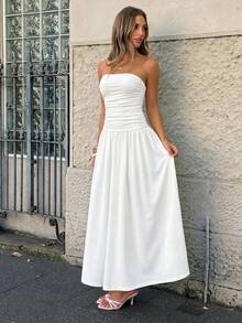 SHEIN EZwear 女款長款純色洋裝，極簡浪漫時尚，適合夏季茶會度假婚禮，白色 - 白色 - 查看 5