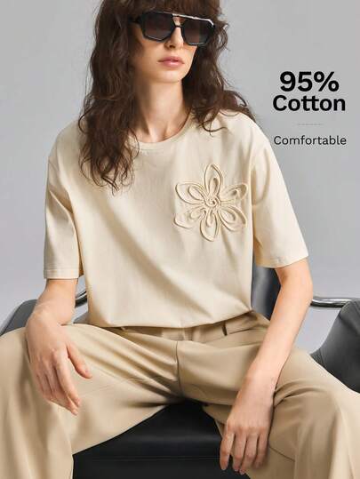 Ontre 2026 Autumn Apricot Embroidered 3D Floral Short Sleeve T-Shirt, Women's Simple Elegant Urban Modern Versatile Commute Teacher Casual Outing Summer Holiday Beach Wear Long Length Wedding Guest Party Gathering Elegant Halloween Costume Back To School Country Music Concert Outfit All-Match Top