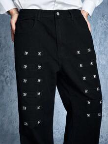 ROMWE MEN Street Life Jeans en denim avec décoration de rivets, mode homme - Noir - Voir 2