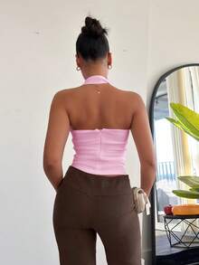 leahseptember Solid Color Pleated Halter Neck For Summer, Form-Fitting Top,Business Casual Top,Office Wear, Baby Pink Backless Women - Baby Pink - View 3