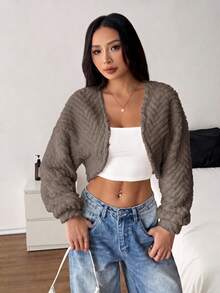 SHEIN PETITE 純色休閒秋冬女款長袖抓絨外套，小碼，可愛風格 - 棕色 - 查看 2