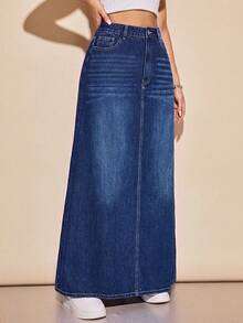 Rivivi Plus Size Women's Long Casual Denim Skirt With Pockets - Dark Wash - View 4