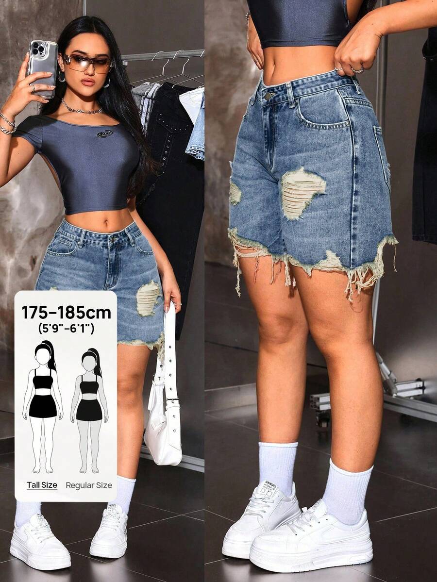 SHEIN Tall 女款破洞時尚牛仔短褲套裝 Y2K 牛仔短褲,適合高個女性 - 藍色 - 查看 1
