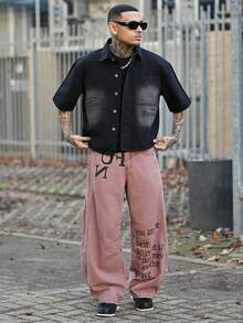 Devon Thys 男士水洗印花夹克，时尚翻领短袖休闲外套 - 黑色 - 查看 3