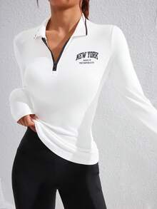 SHEIN Sovereign Charm 女式前拉链长袖休闲字母印花运动 Polo 衫 - 白色 - 查看 4