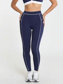 11SKNDS Sport-Leggings mit hoher Taille und weißem Kontrastpaspel-Detail, Yoga Laufen Workout Fitness Activewear, squat-proof, figurbetonend - Königsblau - Übersicht 1