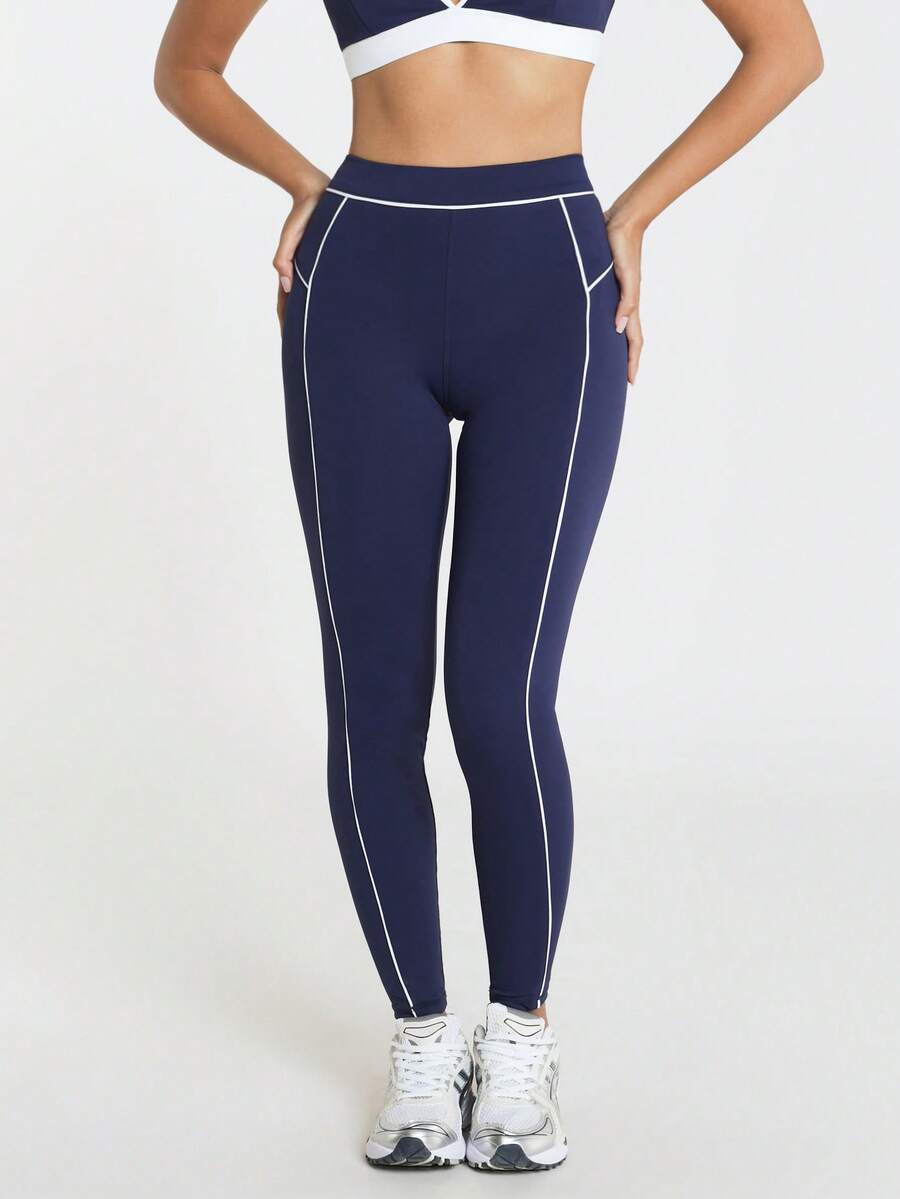 11SKNDS Sport-Leggings mit hoher Taille und weißem Kontrastpaspel-Detail, Yoga Laufen Workout Fitness Activewear, squat-proof, figurbetonend - Königsblau - Übersicht 1