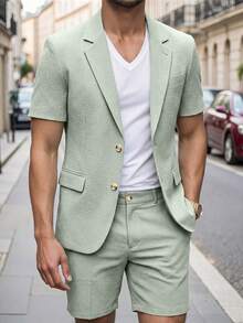 Manfinity Bizformal Men's Sage Green Summer Short-Sleeved Suit Blazer & Suit Shorts,Smart Casual Vacation Daily Business Parties,Casual Fashion Commuter,Formal,Ceremony - Green - View 5