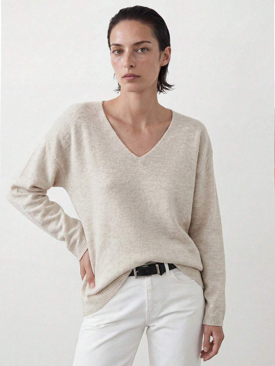 Cloudara Solid V Neck Drop Shoulder Sweater - Apricot - View 1