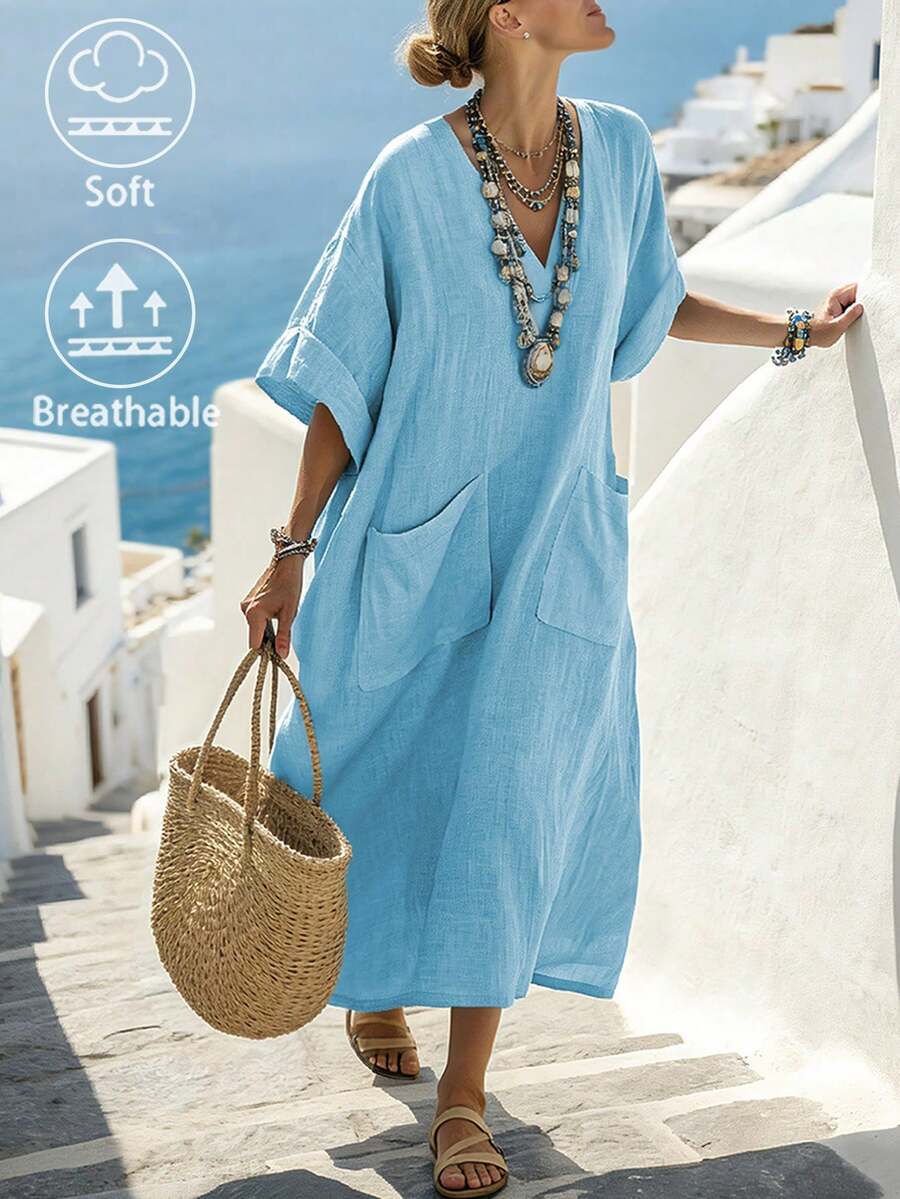 EMERY ROSE Women's V-Neck Pocket Loose Casual Vacation Dress - Blue - View 1