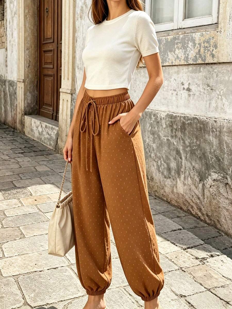 SHEIN PariChic French Boho Casual Brown And White Polka Dot Swiss Dot Lantern Pants Elastic Waist Cuffed Loose Autumn Brunch Vacation - Coffee Brown - View 1