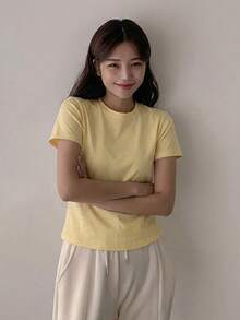 DAZY Camiseta de manga corta de unicolor versátil y casual de verano - Amarillo - Ver 5