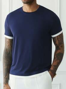 HUEFORM Atasan Lengan Pendek Pria Anti Kerut Warna Blok Minimalis Kasual untuk Perjalanan Sehari-hari - Navy Blue - View 2