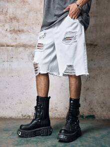 Skyrend 男士休閒夏季純色破洞牛仔短褲 Jorts 哥德龐克街頭風 Emo 男孩穿搭 - 白色 - 查看 4