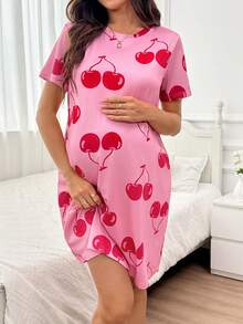 Moonlight&Mama Spring/Summer Minimalist Pink Cute Fun Cherry Print Maternity Loungewear Nightgown - Pink - View 3