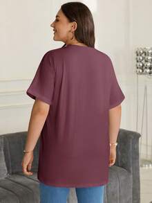 SHEIN BASICS 大尺碼落肩素色T恤女款夏季上衣套裝 - 酒紅色 - 查看 2