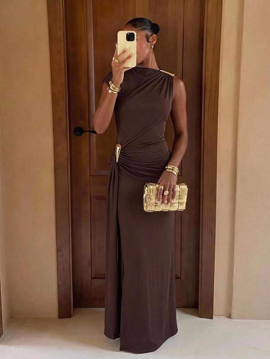 Lumalex Dark Brown Asymmetric One Shoulder Maxi Dress With Hardware Ruched Hip Draped Skirt And Front Slit Luxury Elegant For Party Bar Party Dinner Summer - Brown - View 1