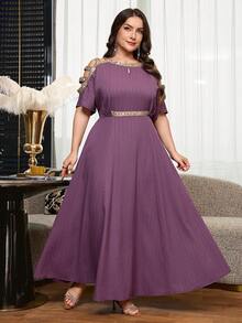 Reflora Plus Size Fashion Cinched Waist Rhinestone Embellished Off-Shoulder Dress - Multicolor - View 8