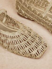 Rosivie Women's Shoes Fashion Woven Casual Versatile Breathable Comfortable Champagne Flat Shoes, Suitable For Christmas - Champagne 1 - View 4