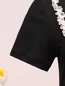 Teen Girl Black Lace Bow Decor Short Sleeve Formal Dress Birthday Sweet 16 Summer Elegant - Black - View 6
