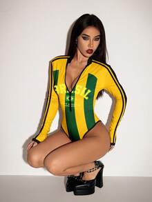 SHEIN ICON World Cup Jersey Striped Letter Print Contrast Color Fashion Long Sleeve Bodysuit - Multicolor - View 6