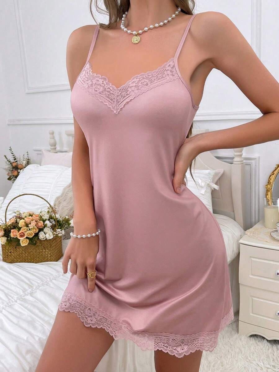 SHEIN 女士蕾丝边吊带睡裙睡衣裙 - 粉色 - 查看 1